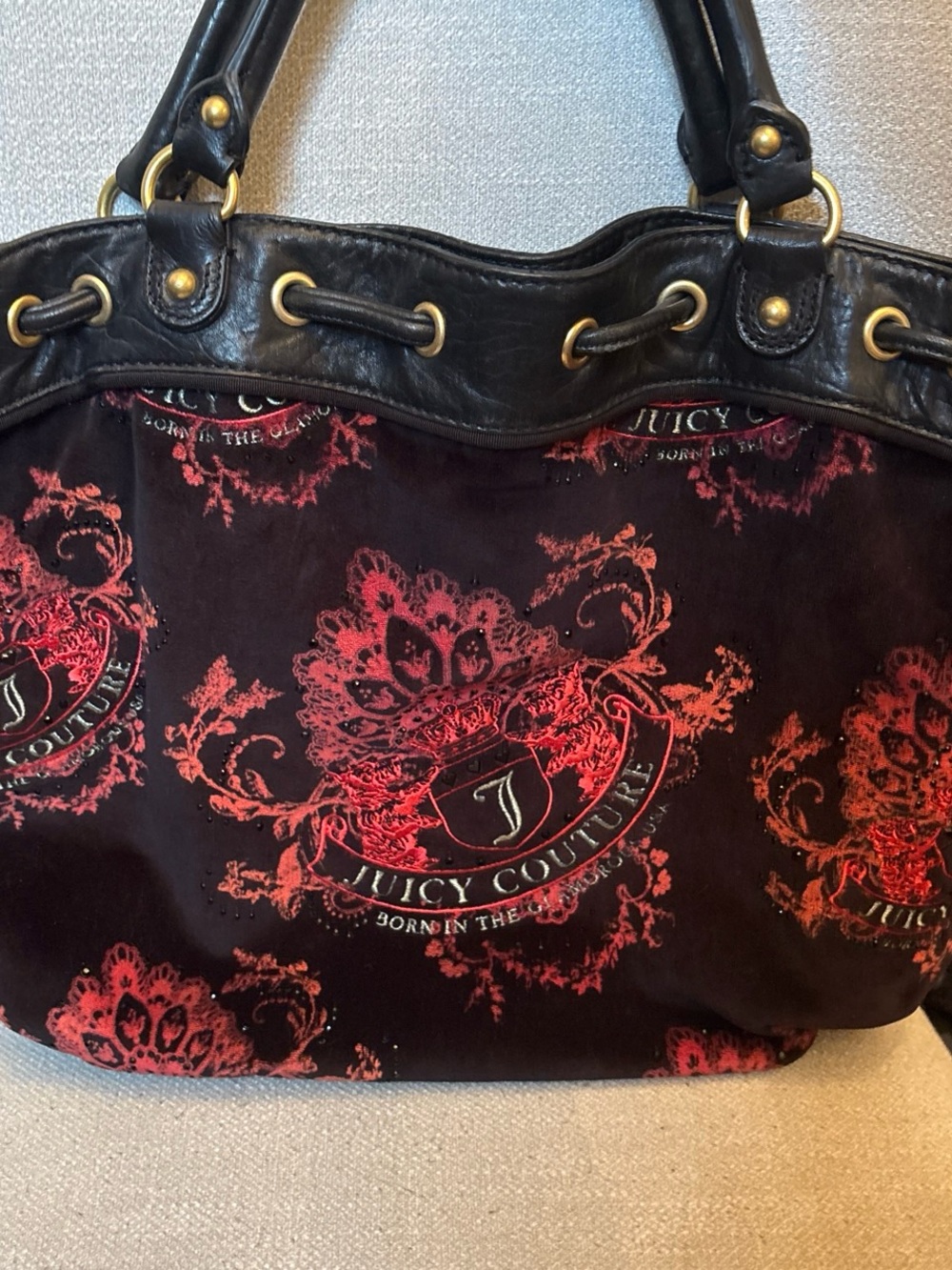 Juicy Couture y2k Black & Red Logo Rhinestone Velour Bag